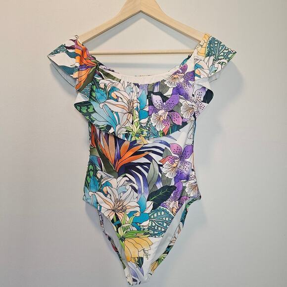 Trina Turk Floral White Tropical Off Shoulder One Piece Swimsuit Size Medium ? - Picture 1 of 11